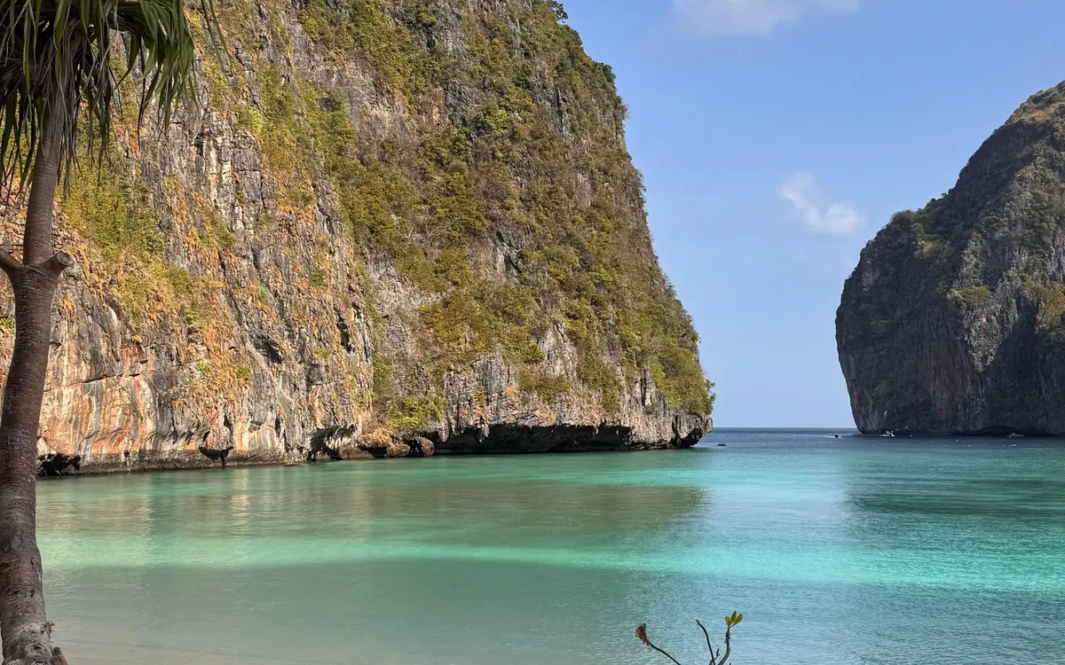 The white sand crescent of Maya Bay enclosed by high limestone cliffs